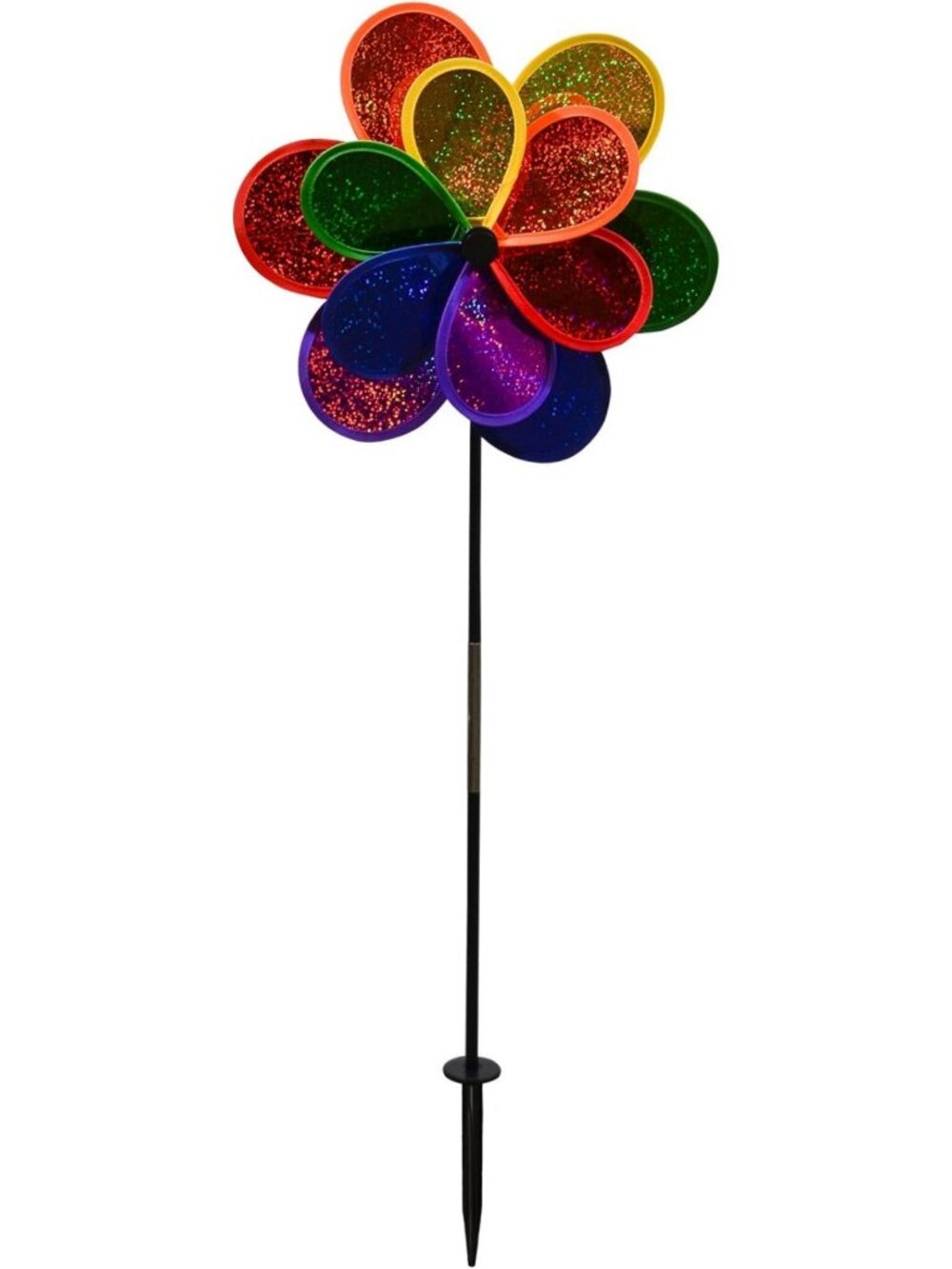 Mylar Rainbow Sparkle Double Flower Spinner - 14-Inch Garden Decor, Colorful